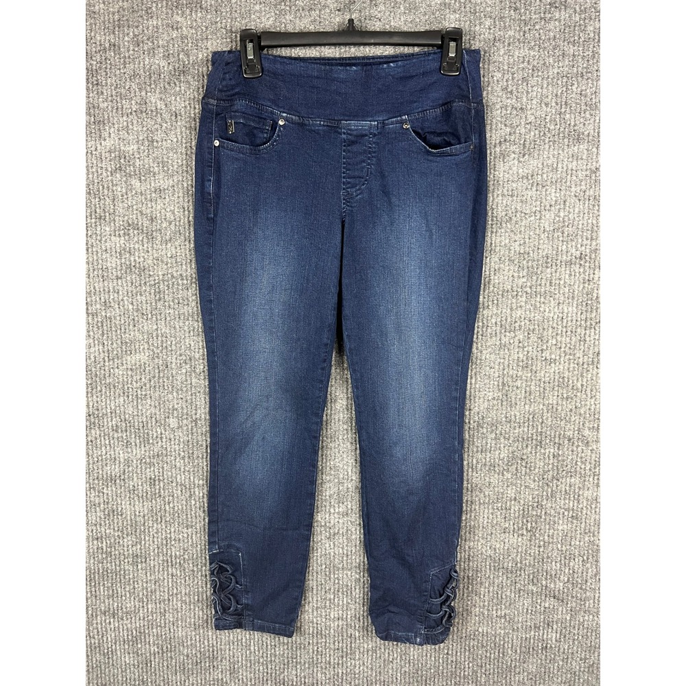 Belle by Kim Gravel Dark Wash Criss Cross Ankle Jeggings Size 6P Petite Skinny